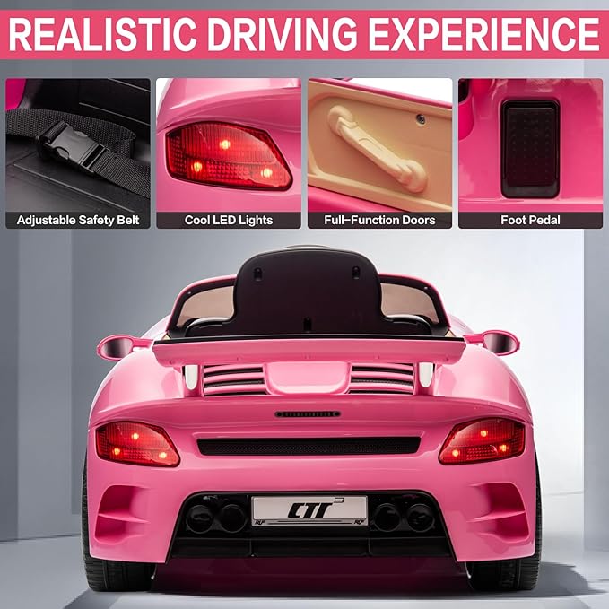 Licensed RUF CTR3 12V Kids Ride On Car with Parent Remote Control, MP3 Player, Battery Powered Electric Toy with 2 Motors, 3 Speeds, LED Lights - Pink