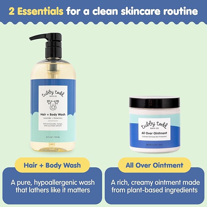 TUBBY TODD's Baby Body Wash & All Over Ointment Eczema Set - Gentle, Hypoallergenic Skincare for Newborns & Toddlers - 25oz, Lavender Rosemary
