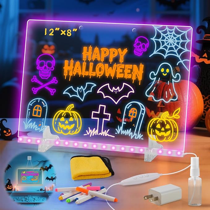 Lumiboard Led Drawing Board with 7 Colors,Light Up Acrylic Cosmody Drawing Board,Glowing Acrylic Dry Erase Board with Light,Lumiboard Led Boards to Write On,Halloween Gifts for Kids (12“*8”)