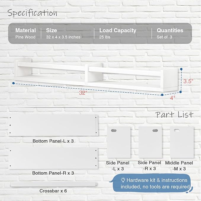 Large Nursery Book Shelves Wall Mounted for Kids Room, White Floating Nursery Bookshelf for Baby Girls Boys Bedroom, Toddler Kid Book Shelf for Classroom Library (32 Inch Long Set of 3)