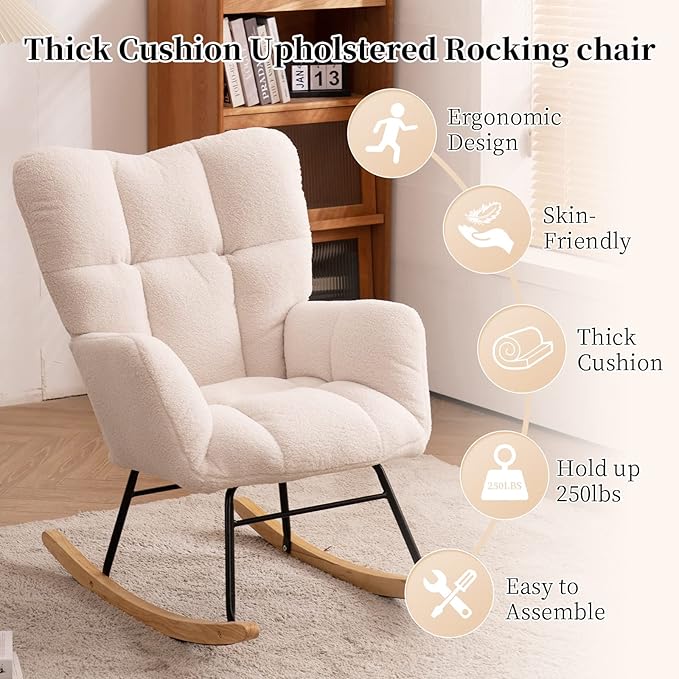 NIOIIKIT Nursery Rocking Chair Teddy Upholstered Glider Rocker Rocking Accent Chair Padded Seat with High Backrest Armchair Comfy Side Chair for Living Room Bedroom Offices (Ivory Teddy)