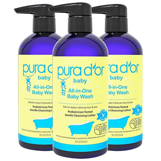 PURA D'OR All-in-One Baby Wash (16 Oz x3 = 48 Oz) USDA Biobased, Zero Sulfates, No Artificial Scents, Tear-Less, Hypoallergenic, Gentle, Calming 2-in-1 Baby Bath Wash & Shampoo