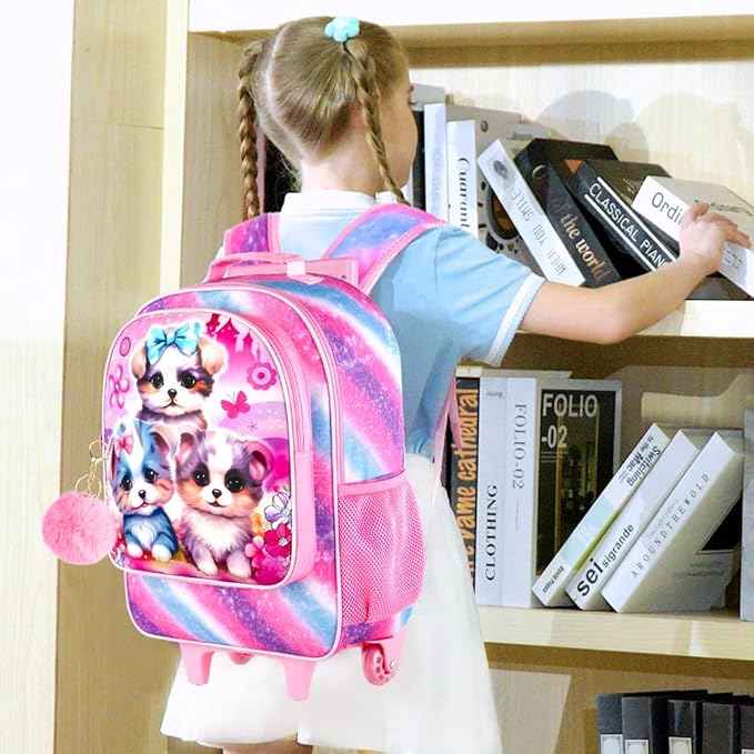 gxtvo Rolling Backpack for Girls, Cute Dog Roller Wheels Kids Bookbag - Wheeled Elementary School Bag - 3PCS Dog