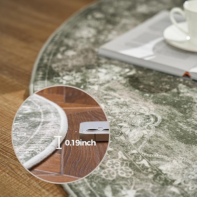 jinchan Round Rug 4ft Area Rug - Green Vintage Floor Mat Kitchen Indoor - Washable Circle 4' Thin Floral Print Carpet Retro Farmhouse Non Slip Dining Room Living Room Bedroom Office