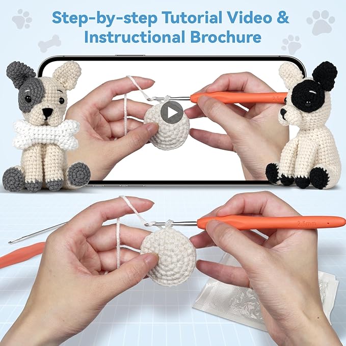 MOREJMTT Crochet Kit for Beginners Animal,Crochet Animal Kits,Crocheting Kit for Starters,Learn to Crochet with Step-by-Step Video Tutorials,Beginner Crochet Kits for Adults(2 Pack French Bulldog)