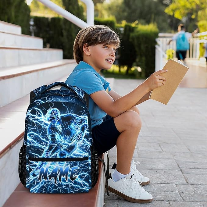 Personalized School Backpack for Kids Boys - 17 Inch Custom Ice Hockey Backpacks with Name for Kids Kindergarten Primary Senior Middle - Cool Durable Lightning Bookbag