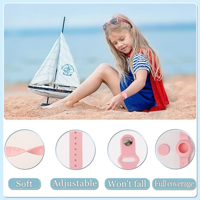 Kids Waterproof Airtag Bracelet Compatible with Apple AirTag, Hidden Silicon Protective Case for Air Tag GPS Tracker Holder, Adjustable Anti-Lost Watch Band for Toddler Child (Pink)