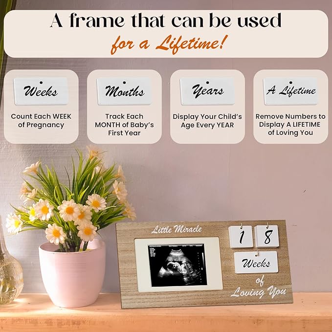 Brown Ultrasound Sonogram Picture Frame with Milestone Tracker – Elegant Wooden Keepsake for Expecting Parents – Nursery Décor Gift for New Moms – Countdown Tiles Included – 12" x 6" Design