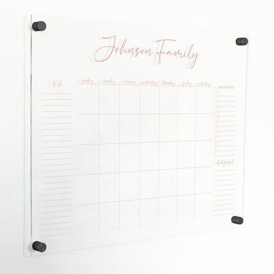 Personalized Clear Acrylic Calendar for Wall, Calendar Whiteboard for Wall, Dry Erase Wall Calendar, Wall Calendar Organizer System for Home (Cursive, Blush, 23"W x18.5"H)