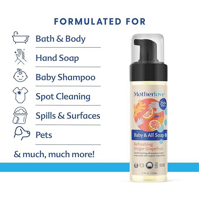 Motherlove Baby & All Soap (2 pack, 7.1 oz) Gentle Foaming All-Purpose Castile Soap Made with Organic Ingredients – Refreshing Ginger Grapefruit
