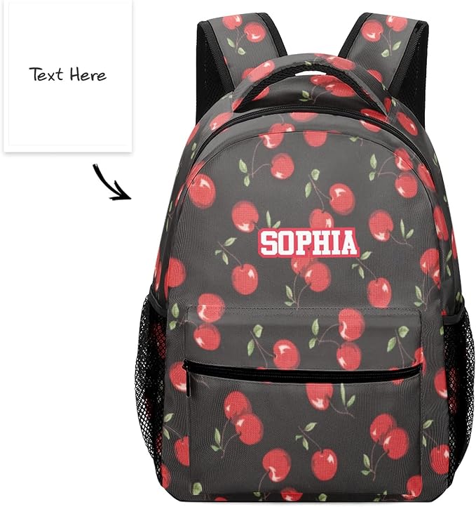 Red Cartoon Cherry Custom Kids Backpack 16.5 Inch for Boy Girl, Personalized Waterproof Child School Travel Bag with Name