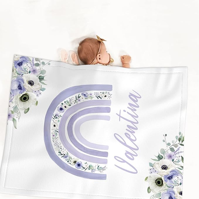 Baby Girl Crib Bedding Sets Personalized with Name – Custom 3-Piece Nursery Set, Rainbow with Floral Flannel Blanket, Crib Fitted Sheet & Pillowcase – Baby Newborn Infant Toddler Shower Gift