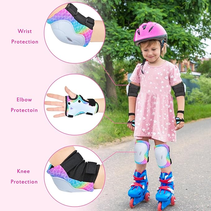 Kids Knee and Elbow Pads Set, 7 in 1 Skating Protective Gear for Skateboard, Roller Skating, Scooter, Cycling, 3-8 Years
