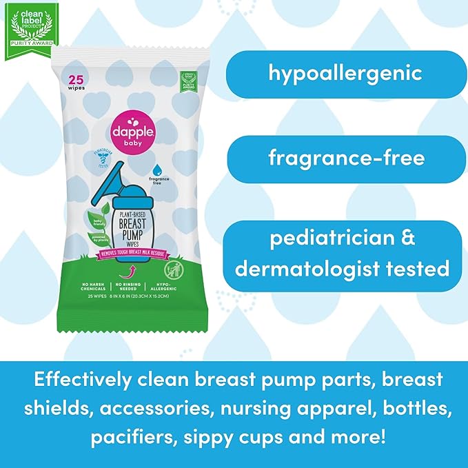 Breast Pump Wipes by Dapple Baby, Hypoallergenic & Powered by Plants, Removes Milk Residue, Leaves No Taste, Convenient Wipes Pouch, Fragrance Free, 25 Count (Pack of 1)