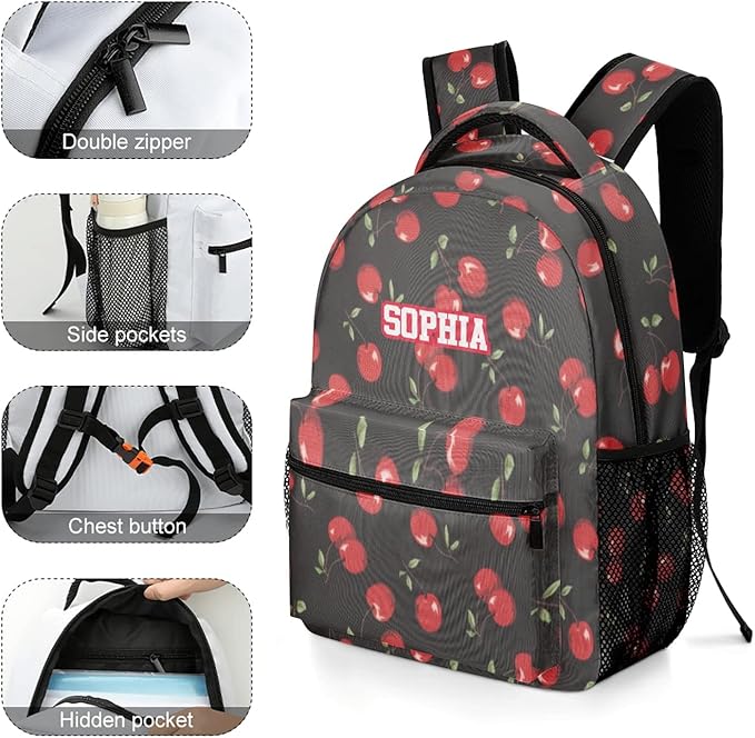 Red Cartoon Cherry Custom Kids Backpack 16.5 Inch for Boy Girl, Personalized Waterproof Child School Travel Bag with Name