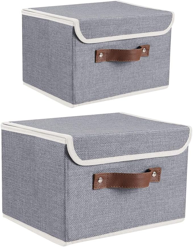 Lucky Monet Storage Bins Boxes with Lids 2 Pack Decorative Storage Boxes Collapsible Fabric Storage Basket Containers Lidded Storage Cube for Organizing Closet Home Office, 10"x 8"x 7" (Grey)