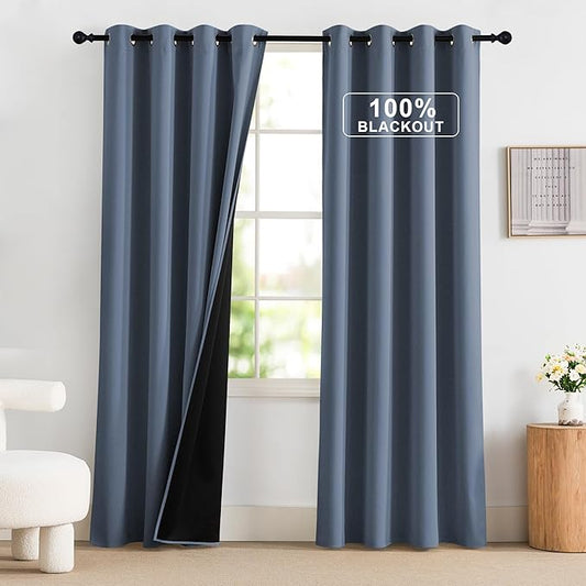 NICETOWN Stone Blue Curtains 52 x 84 inches Long, 100% Blackout Curtains Set of 2 Panels Thermal Insulated Privacy Window Curtains for Bedroom Living Room
