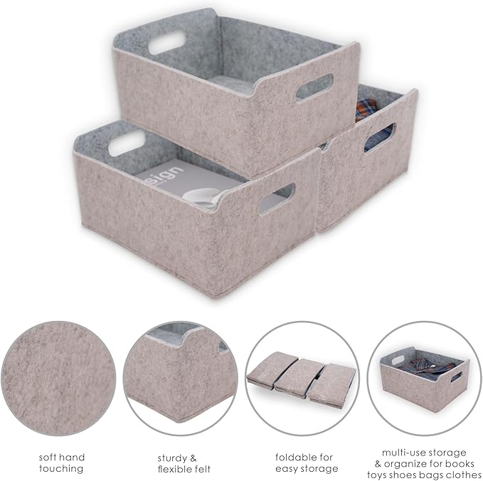 Welaxy Storage Baskets Collapsible Felt Storage bin Foldable Shelf Drawers Organizers for Kids Pet Toys magazine Books Clothes Closet Cabinet decluttering (Oatmeal +Gray)