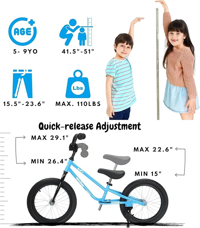 16 Inch Kids Balance Bike for 5-8 Year Old, BMX Kids Bike with No Pedals, Air Rubber Tires, Footrests, Adjustable Height for Big Kids, Boys, Girls