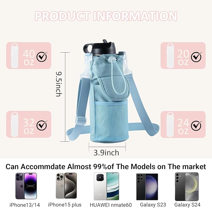 RRegeny【NEW STYLE Water Bottle Holder Crossbody Bag with Shoulder Strap, Leakproof Water Bottle Carrier for Hydro Flask16-40oz, Hands-Free Fitness Bag with Zipper Pockets for Hiking Travel Gym