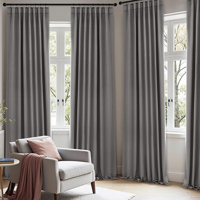ANRODUO Back Tab Blackout Curtains for Bedroom Living Room, Rod Pocket Pinch Pleated Thermal Insulated Room Darkening Curtains 84 Inches Long 2 Panels, Grey, 42 x 84 Inch