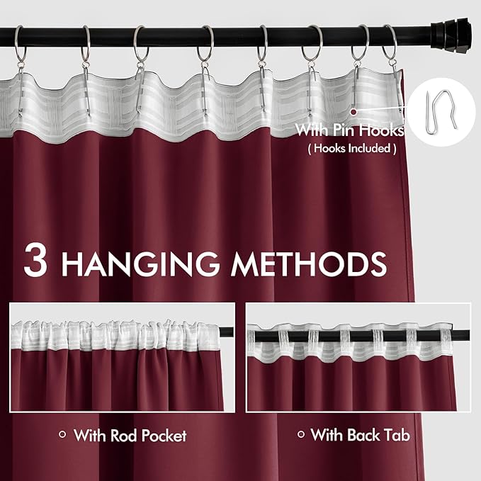 MIULEE Wine Red Back Tab Blackout Curtains 90 Inches Long 2 Panels Set for Living Room Bedroom Privacy, Rod Pocket/Pinch Pleat Thermal Insulated Room Darkening Pleated Light Blocking Drapes