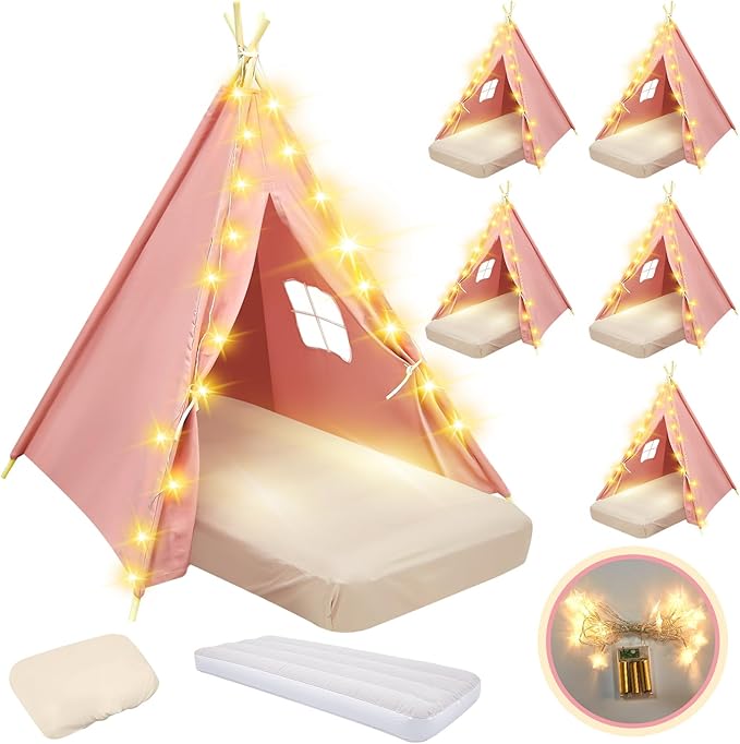 6 Pack Sleepovers Teepee Tent for Kids Bulk with Mattress Sheet Light,Natural Cotton Washable Indoor Play Tent for Birthday Slumber Party Girls Boys Pajama Movie Night Supplies(Pink)