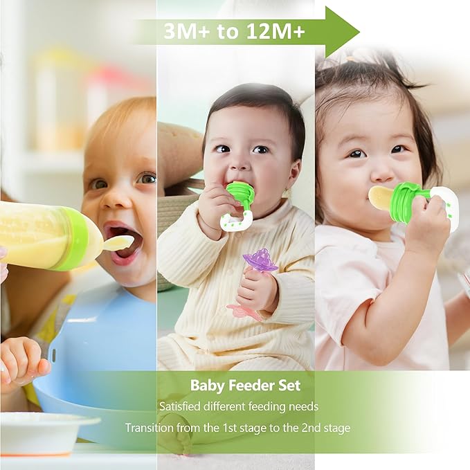 WAJIAYON Baby Fruit Feeder Pacifier - 6 Pack | 2 Infant Food Feeder Pacifier & 2 Baby Food Dispensing Spoon | Fresh Fruit Teethers for Babies | Silicone Feeder Babies,Infant Teething Feeders (Green)