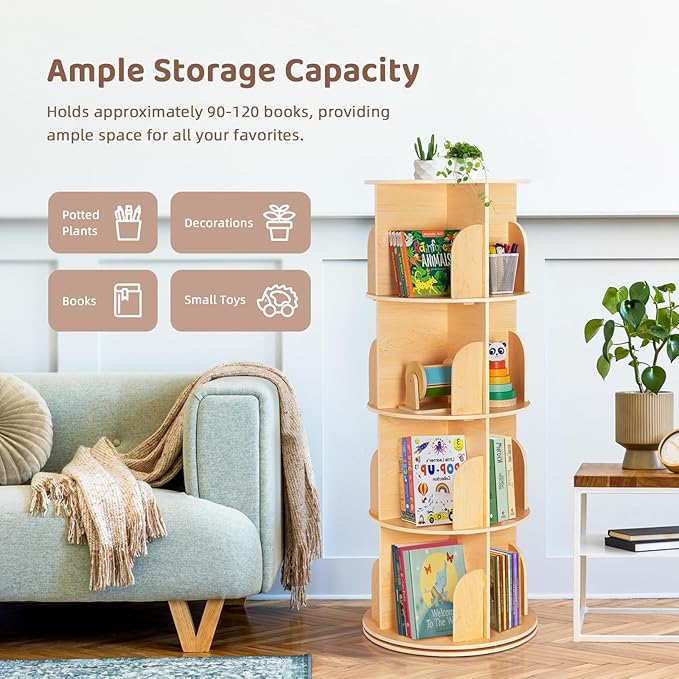 OOOK Rotating Bookshelf for Kids & Adults, Spinning Bookshelf Tower with Large Capacity for Small Space, 360° Display 4 Tier Floor Small Round Corner Shelf for Library, Bedroom, Living Room, Office