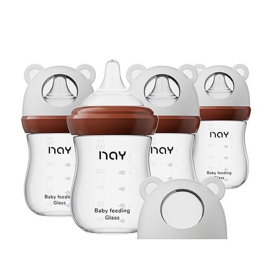 Natural Glass Baby Bottle for Breastfeeding Babies, 5.4oz Anti-Colic Baby Bottle with Natural Response Nipple(S), Clear, Wide Neck, 4 Pack, 1 Months+