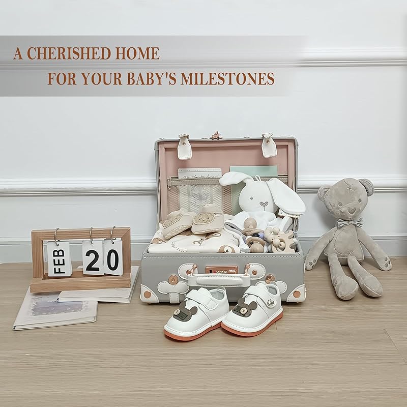 Unitravel Baby Keepsake Case, 13" Handmade Memory Storage Box, Newborn Keepsake Box, Vintage Suitcase for Baby Shower, Baptism, Naming Ceremony or Birthday (grey)