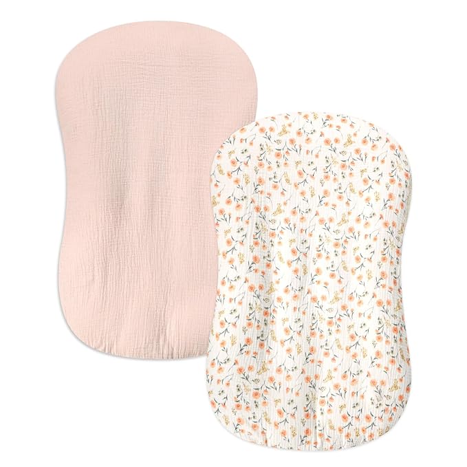 Hooyax Baby Lounger Cover 2 Pack - 100% Muslin Cotton Newborn Lounger Pillow Covers Only, Soft Breathable Infant Lounger Cover with Reinforced Stitching, Fits Most Standard Baby Loungers (Pink Floral)