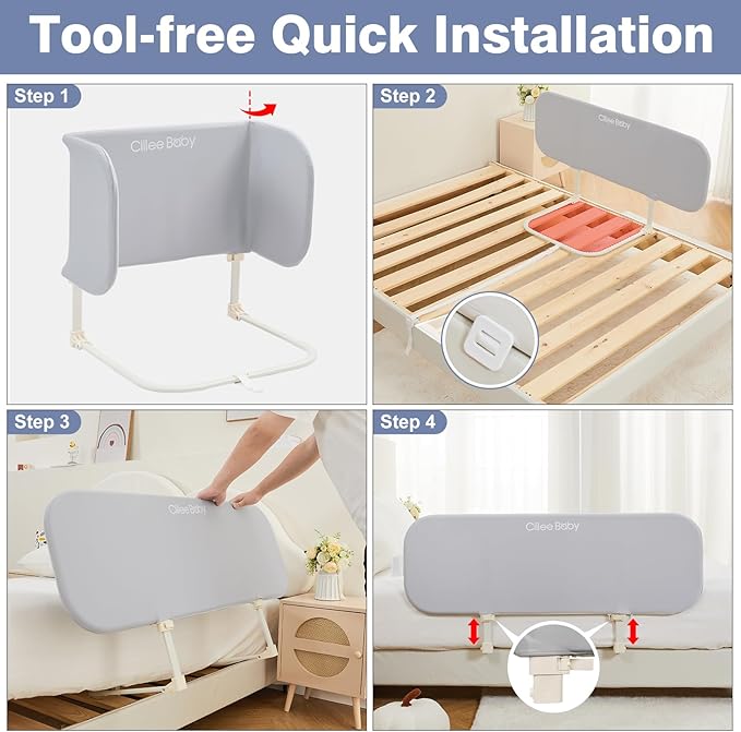 Ciilee Baby Bed Rail for Toddlers Portable Travel Kids Beds Guard Rails for Queen Bed Foldable Children Side Railing for Twin Beds Adjustable Bedrail Barandas para Camas de Niños（Grey,48in