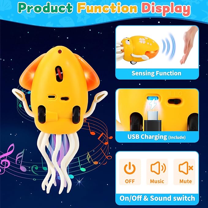 USB Rechargeable Dancing Octopus Baby Toy - Electric Crawling & Tummy Time Toy, Magical Musical Squid, Birthday for Kids Ages 1 2 3 4 5 6, Boys & Girls (Yellow)