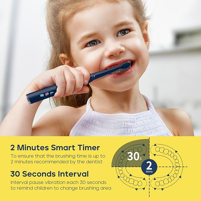 SEAGO Kids Electric Toothbrush, Rechargeable Sonic Soft Bristle Toothbrushes with 8 Brush Heads, DIY Stickers and 5 Modes, Ideal for Kids and Children, Ages 3–12，SG2303(Navy)