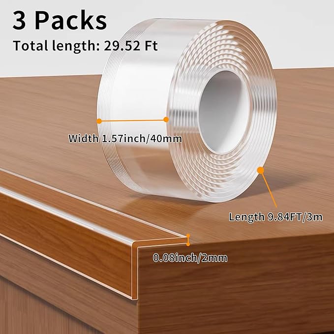 3Pack Baby Proofing Edge Protector for Baby,1.57in x 9.84ft,Clear Edge Protector Strip Sharp Edge Wrap Cover Tape,Corner Bumpers for Furniture,Crib Rail Covers for Teething
