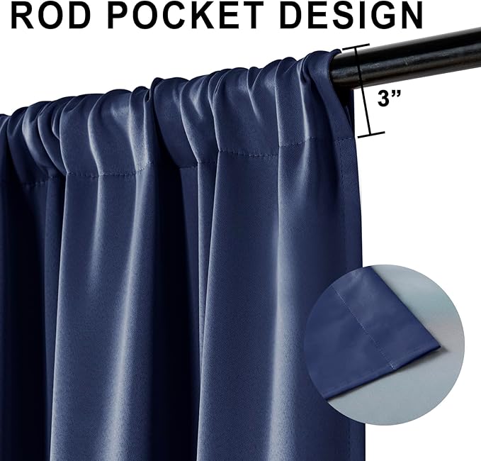 XWZO Full Shading Blackout Curtains 72 Inches Length - Heat and Light Blocking Rod Pocket Window Drapes with Black Liner Backing for Bedroom Sewn with Tiebacks, Navy Blue, W42 x L72, Set of 2