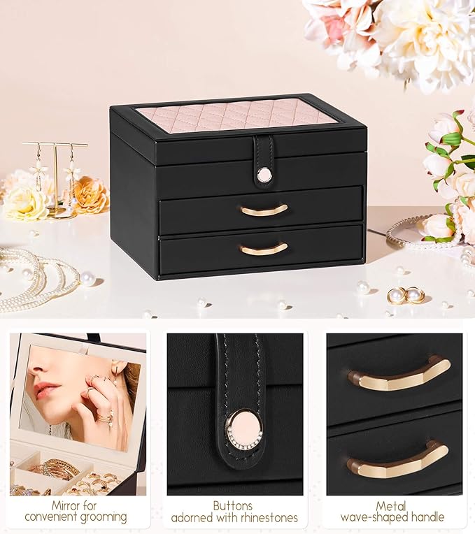 Black Jewelry Box Organizer: Home Decor for Women - 2-Drawer Holder for Valentine’s Day Birthday Christmas Black Pink