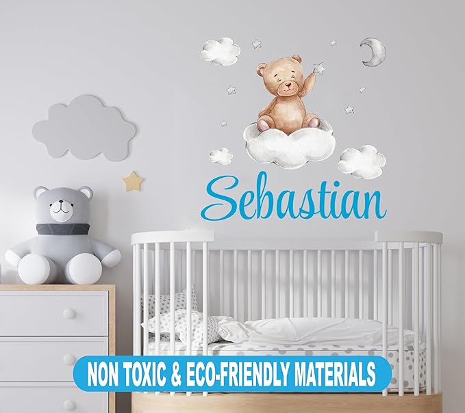Custom Name Teddy Bear Nursery Wall Decal - Moon, Starts Clouds Watercolor Baby Room Decor for Boys & Girls - Teddy Bear Wall Stickers - Personalized Name Wall Sticker for Nursery playroom