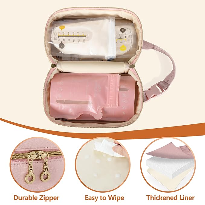 Damero Breastmilk Cooler Bag with 4 Ice Packs -Breastmilk Cooler Travel Bag Organizer with Detachable Buckle Handle for Daycare and Breastfeeding Mom,Pink