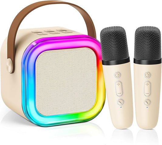 【2025 Newest】 Mini Karaoke Machine for Kids Girls & Boys - Portable Bluetooth Speaker with 2 Wireless Microphones - Kids Birthday Gifts for Ages 4-10 - Kids' Instrument Accessories - Beige