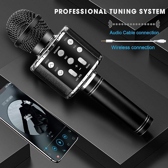 BlueFire 4 in 1 Karaoke Wireless Microphone with LED Lights, Portable Microphone for Kids, Great Gifts Toys for Kids, Girls, Boys and Adults (Black)