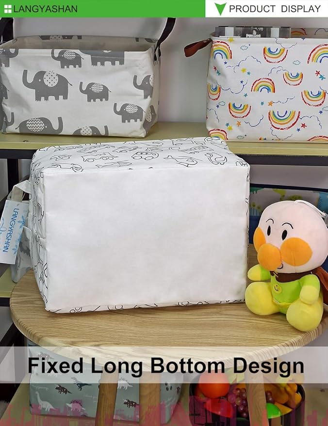 LANGYASHAN Rectangular Storage Bin Collapse Canvas Fabric Cartoon Storage Basket with Handles for Organizing Home Kitchen Boys and Girls Toys Office Closet Shelf Baskets (Rec Vehicle)