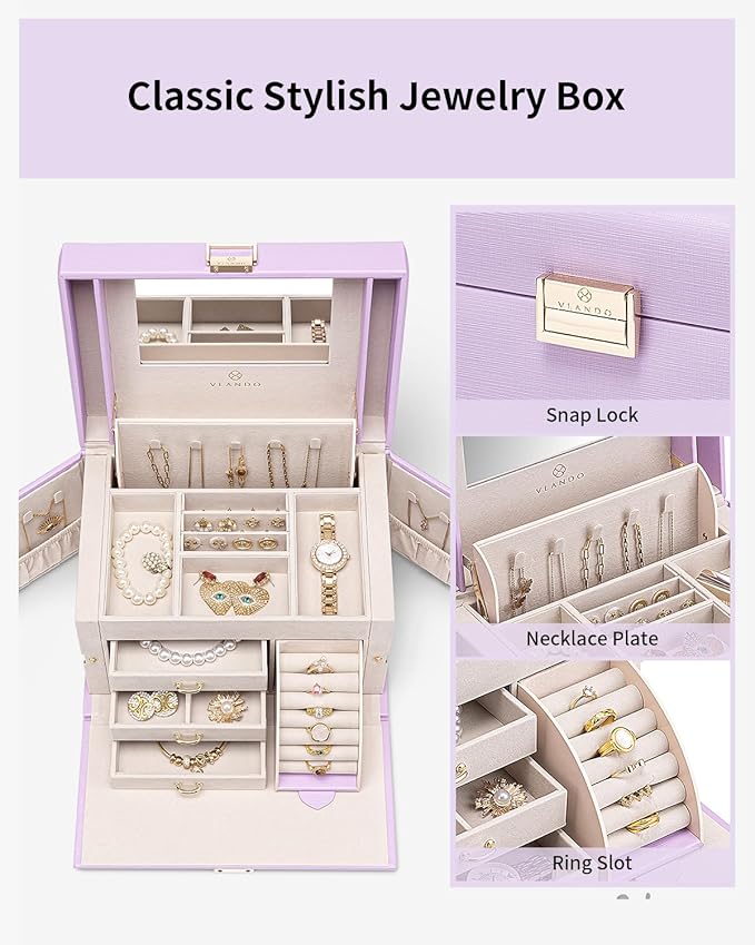 Vlando Jewelry Box Organizer for Girls Women, Large Baroque Jewelry Holder Organizer with Mirror, 3 Drawers for Bracelets, Earrings, Rings, Necklaces, Mothers Day Gifts for Loved One, Purple