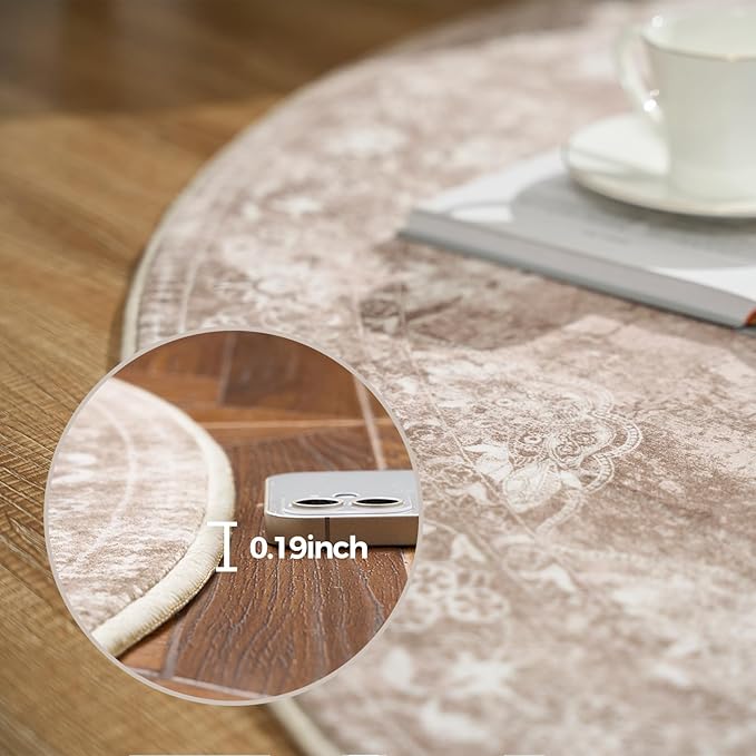 jinchan Round Rug 5ft Area Rug - Brown Vintage Floor Mat Kitchen Indoor - Washable Circle 5' Thin Floral Print Carpet Retro Farmhouse Non Slip Dining Room Living Room Bedroom Office