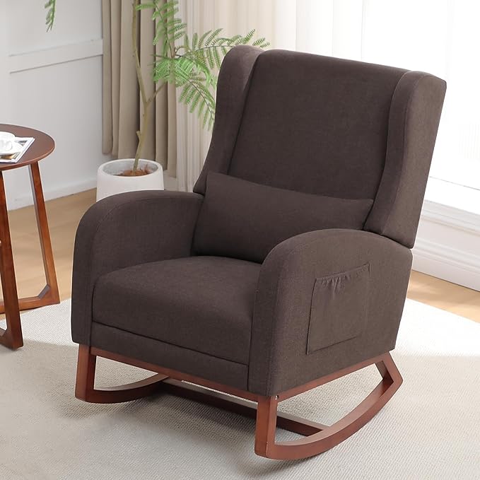 Rocking Chair Nursery with Foot Rest, Wingback Nursery Rocking Chairs, Nursing Glider Rocker Chair with Pillow and High Back for Nursery, Living Room, Bedroom, Coffee