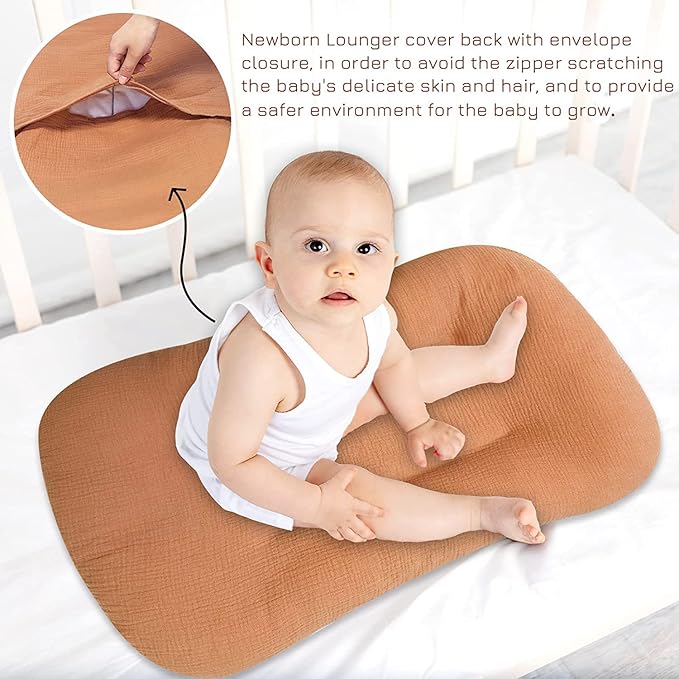 Muslin Baby Lounger Cover, Baby Padded Lounger Cover, Infant Floor Seat Cover, Organic Cotton Removable Slipcover Fits Newborn Lounger for Boys and Girls(Light Brown)