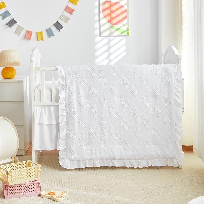 Mini Crib Bedding Set 3 Pieces Baby Boho Quilted Tufted Ruffles Comforter with Fitted Sheet and Ruffled Bed Skirt - Cute Shabby Baby Bedding Fits Mini Crib Only White