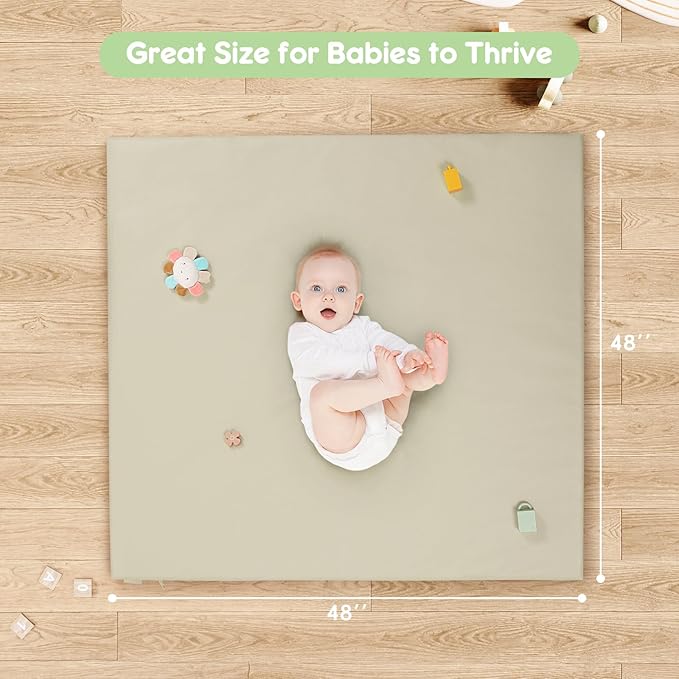 Padded Baby Play Mat, Super Soft Vegan Leather Baby Mat for Floor, 48x48 Thick Foam Cushioned Play Mat for Babies 6-12 Months, Fits Nicely Into 50x50 Playpen Mat, Grayish Green