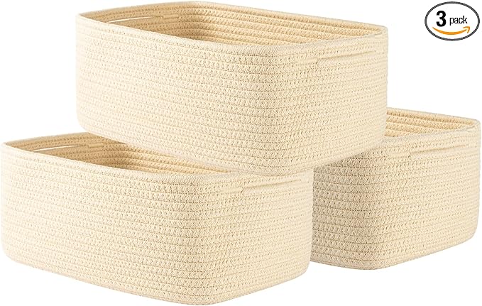 KALLAX Small Woven Basket, 13.5 x 9.5 x 5 Inches, Storage Basket for Organizing, Cute Small Rope Shelf Closet Cube Storage Bins Baskets for Shelves, Dog Toy Gift Baskets Empty, 3 Packs, Beige